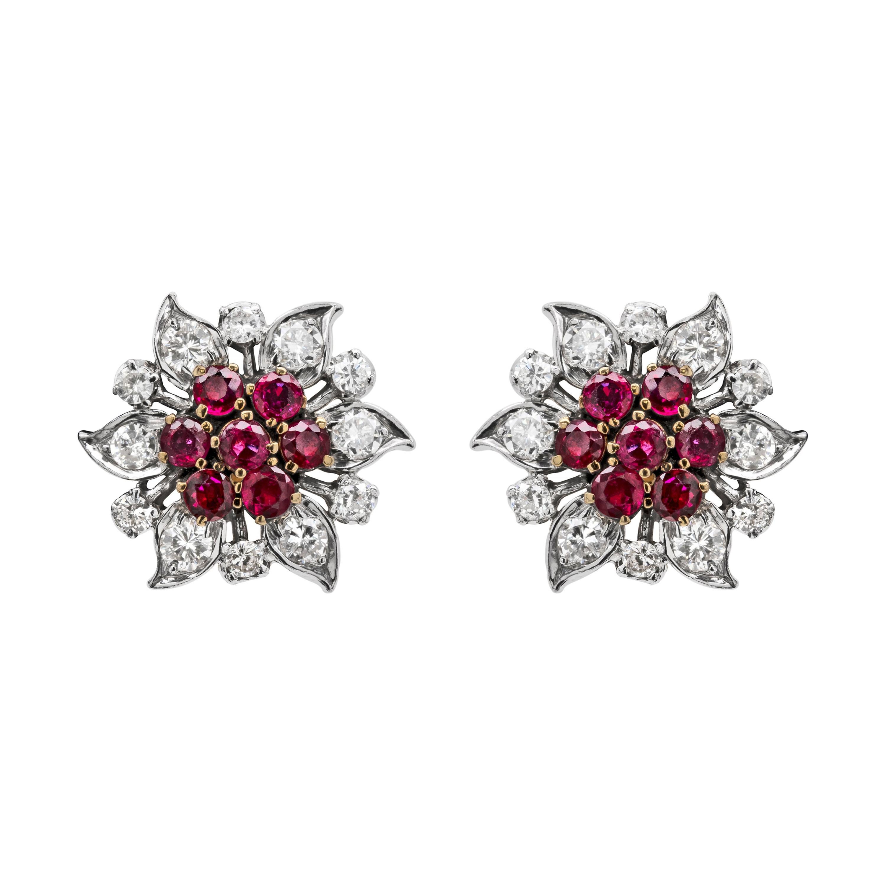 Vintage Ruby and Diamond Flower Cluster 18 Carat Gold Stud Earrings