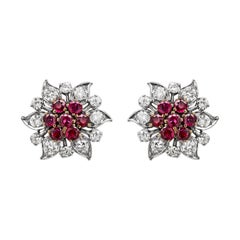 Vintage Ruby and Diamond Flower Cluster 18 Carat Gold Stud Earrings