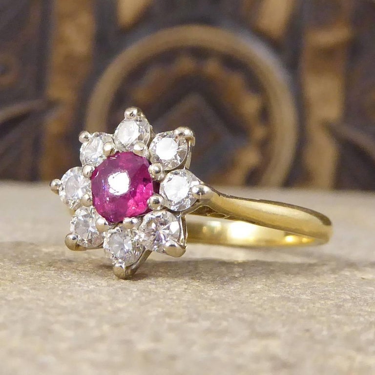 Vintage Ruby and Diamond Flower Cluster Ring in 18 Carat Gold at