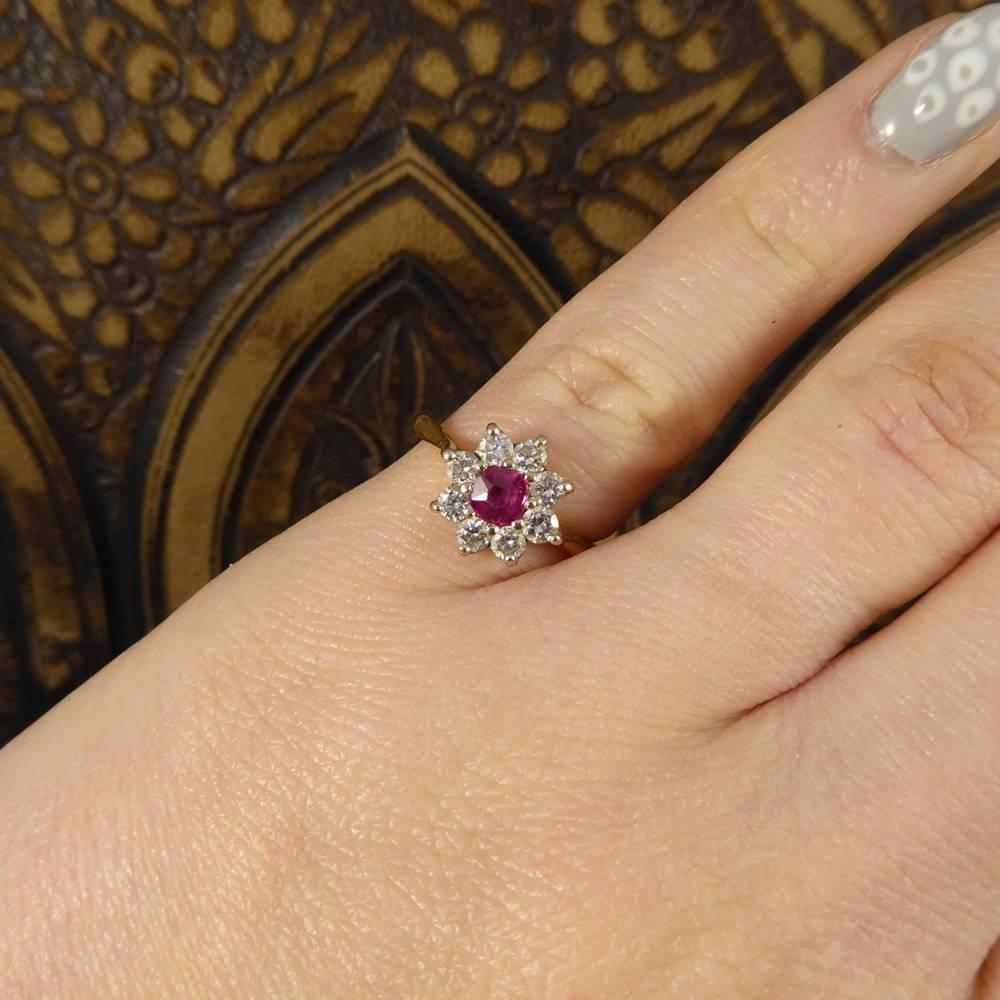 Women's Vintage Ruby and Diamond Flower Cluster Ring in 18 Carat Gold