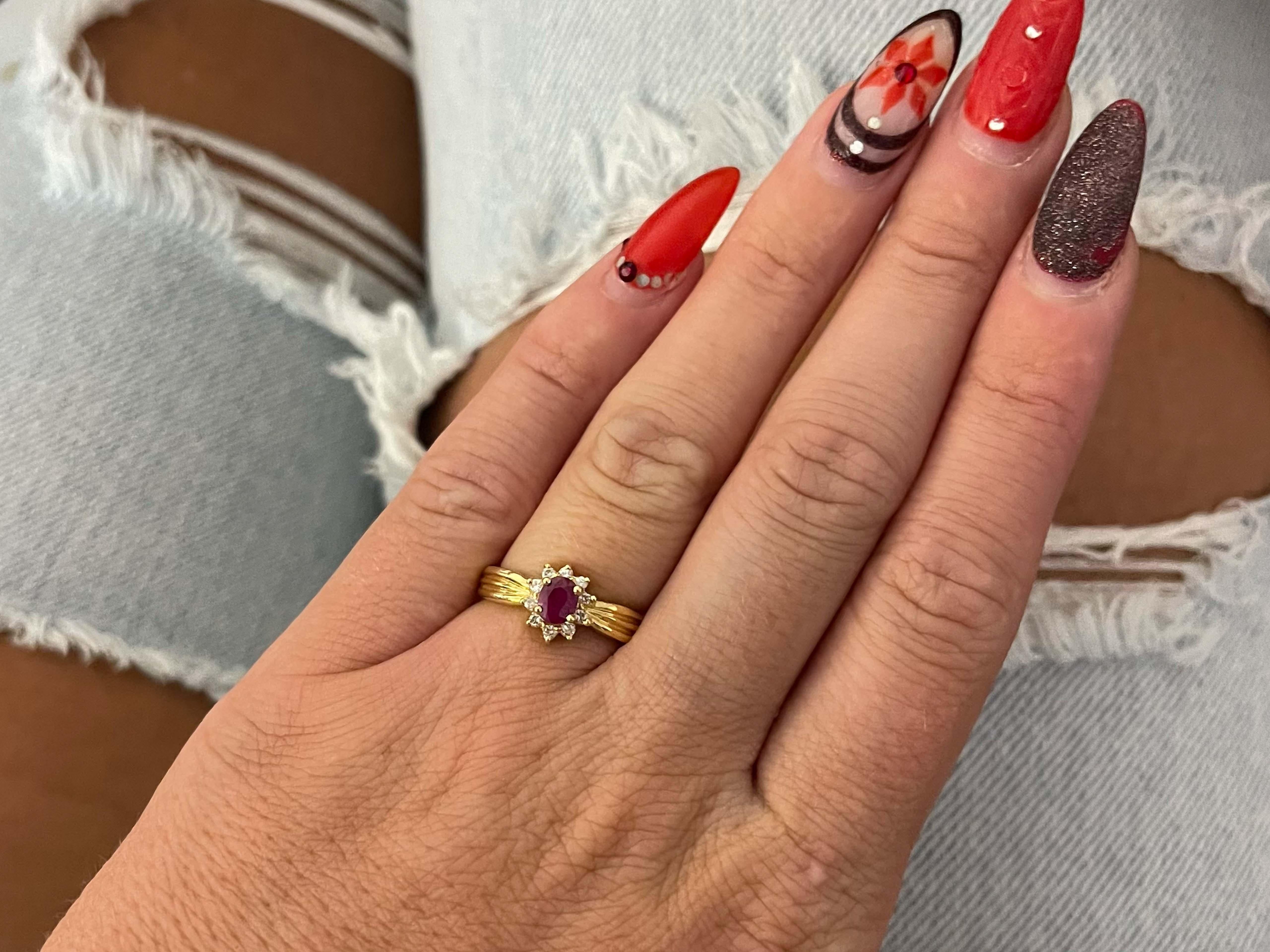 Item Specifications:

Metal: 14K Yellow Gold

Style: Statement Ring

Ring Size: 6.25 (resizing available for a fee)

Total Weight: 3.6 Grams

Ring Height: 9 mm

Gemstone Specifications:

Gemstone: 1 Ruby

Shape: Oval

Ruby Measurements: ~ 5.12mm x