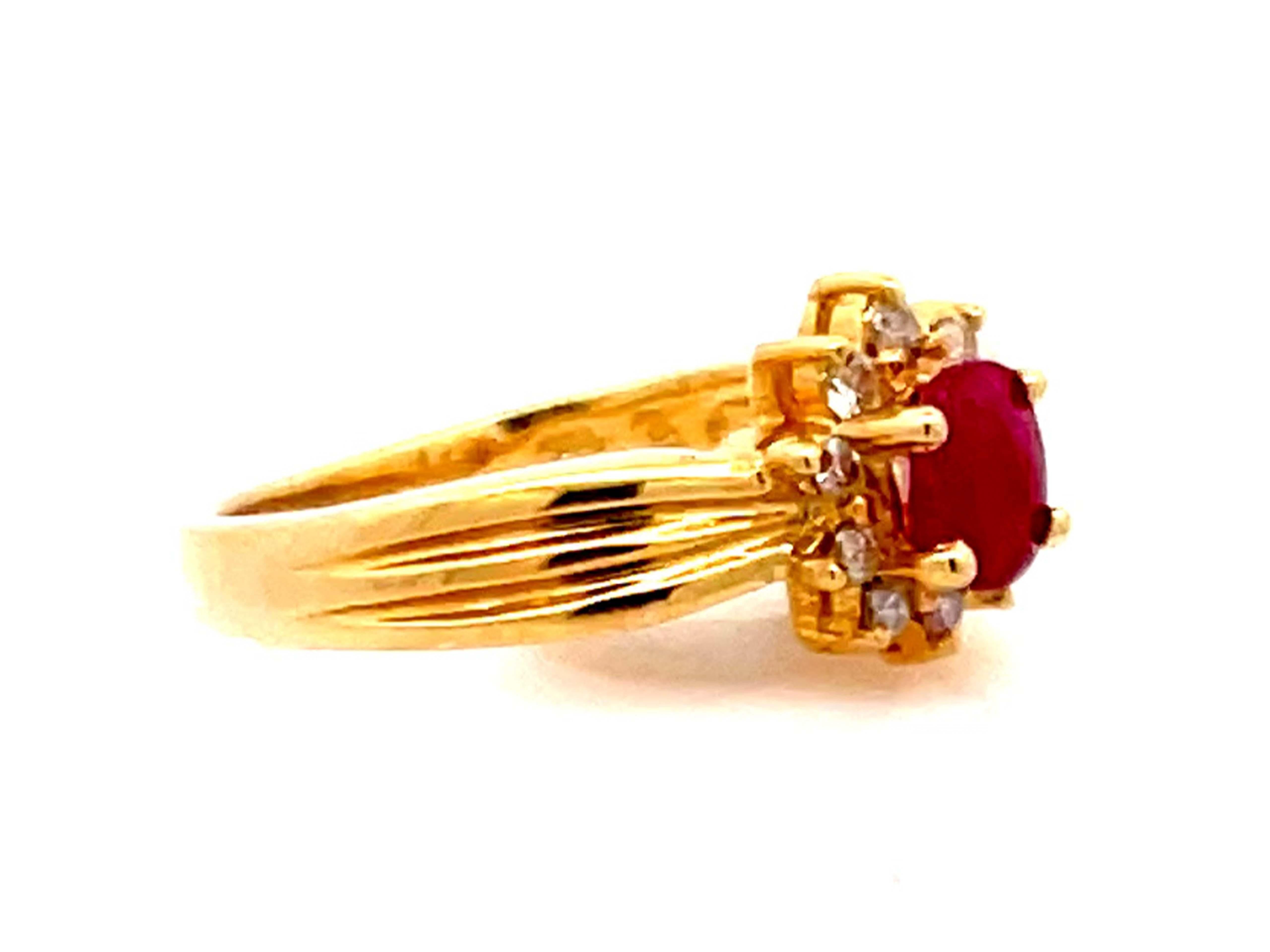 Modern Vintage Ruby and Diamond Flower Ring in 14k Yellow Gold For Sale