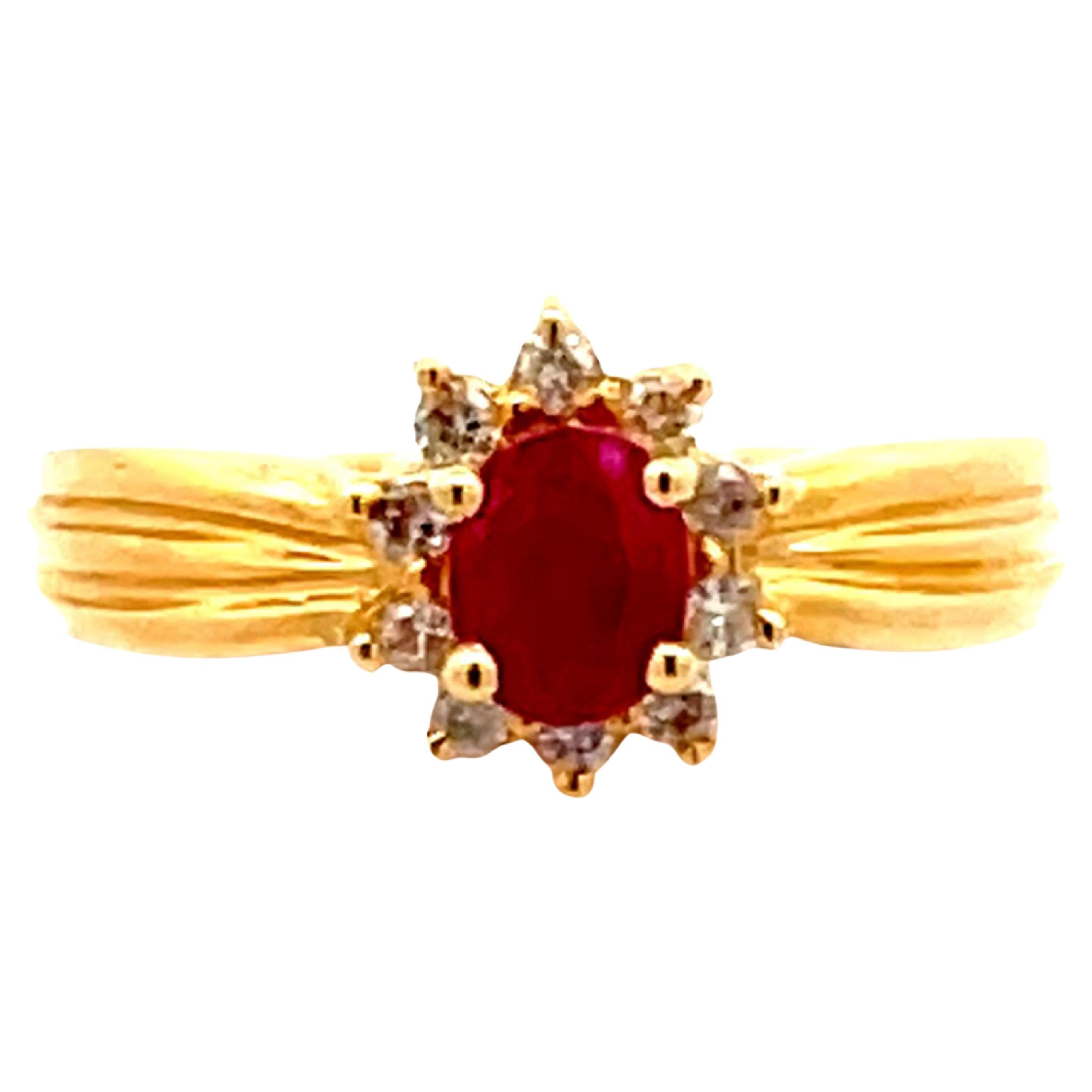 Vintage Ruby and Diamond Flower Ring in 14k Yellow Gold For Sale