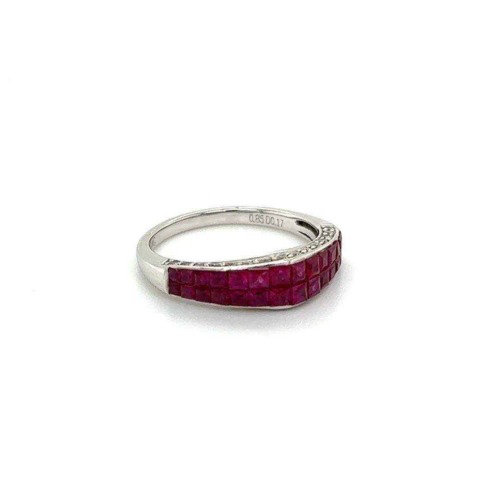 Simply Beautiful! Vintage Invisible Set Rubies and Diamond Gold Band Cocktail Ring. Center securely Invisible Hand set with Fine high-quality calibrated Rubies, weighing approx. 0.85tcw. Surrounded by Diamonds weighing approx. 0.17tcw. Hand crafted