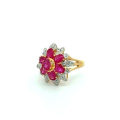 Vintage Ruby and Diamond Gold Rope Halo Cluster Ring