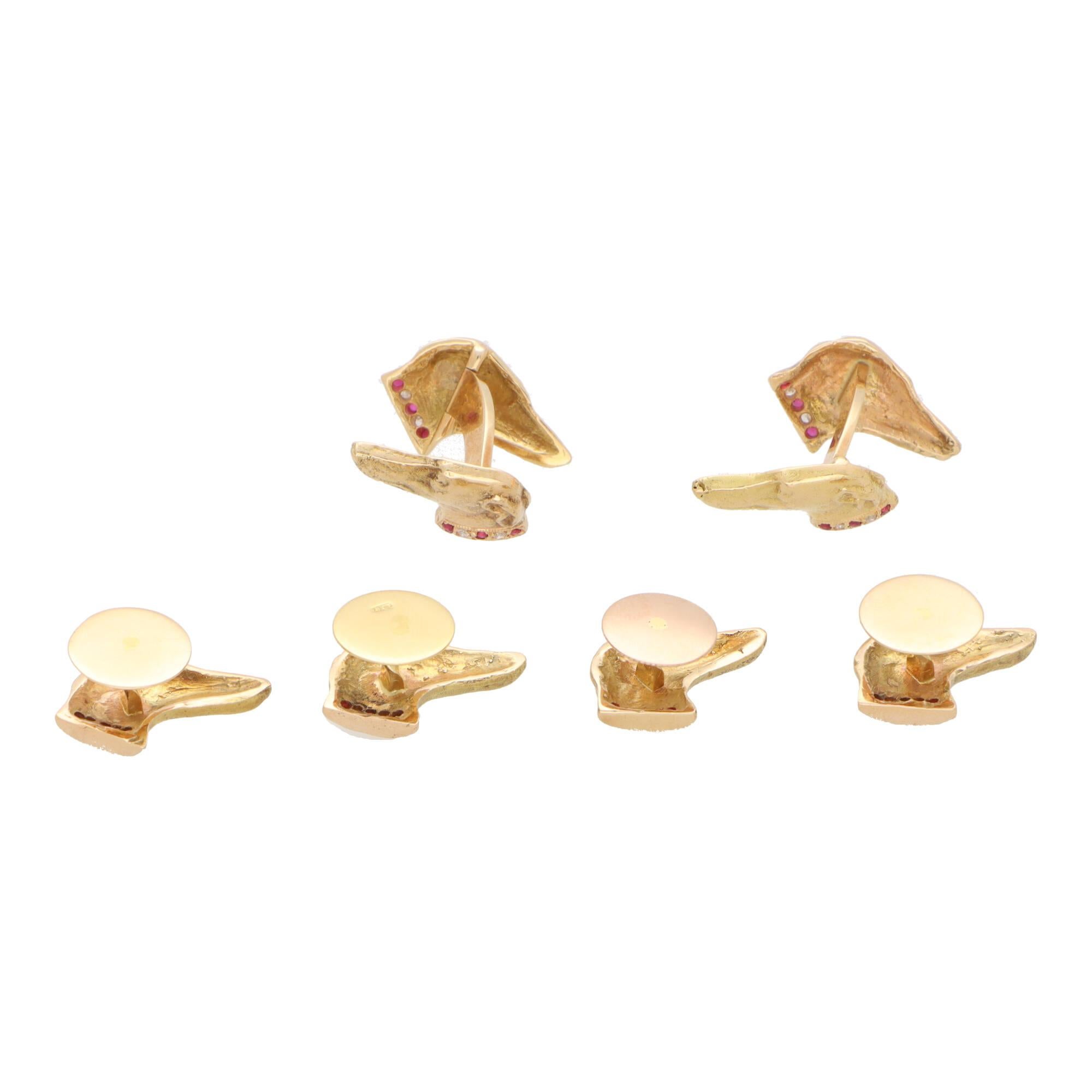 Round Cut Vintage Ruby and Diamond Greyhound Cufflink and Shirt Stud Set in 18k Gold For Sale