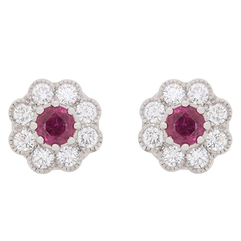 Vintage Ruby and Diamond Halo Earrings, circa 1950s For Sale