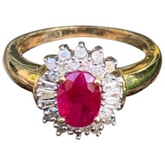 Vintage Ruby and Diamond Halo Gold Ring size 6