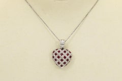 Vintage Ruby and Diamond Heart Pendant in 18k White Gold Necklace