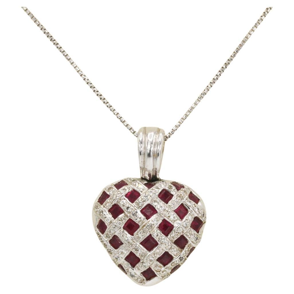 Vintage Ruby and Diamond Heart Pendant in 18k White Gold Necklace For Sale