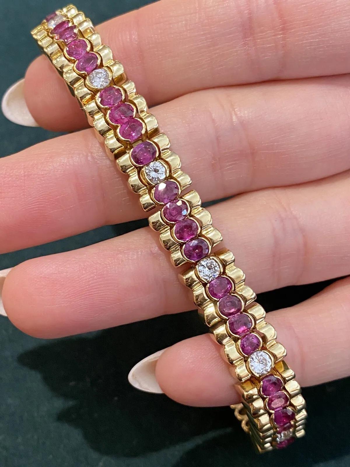 Oval Cut Vintage Ruby and Diamond Line Bracelet in 18k Yellow Gold For Sale