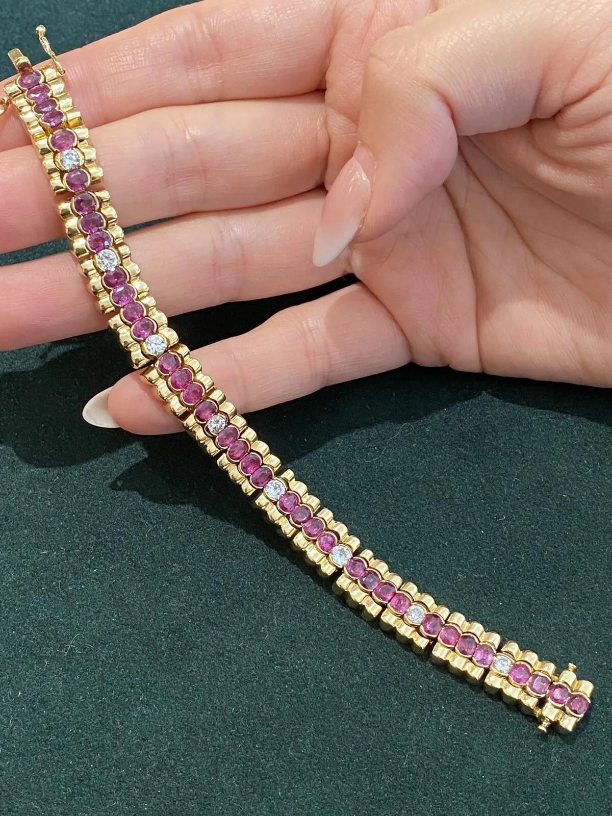 Women's Vintage Ruby and Diamond Line Bracelet in 18k Yellow Gold For Sale