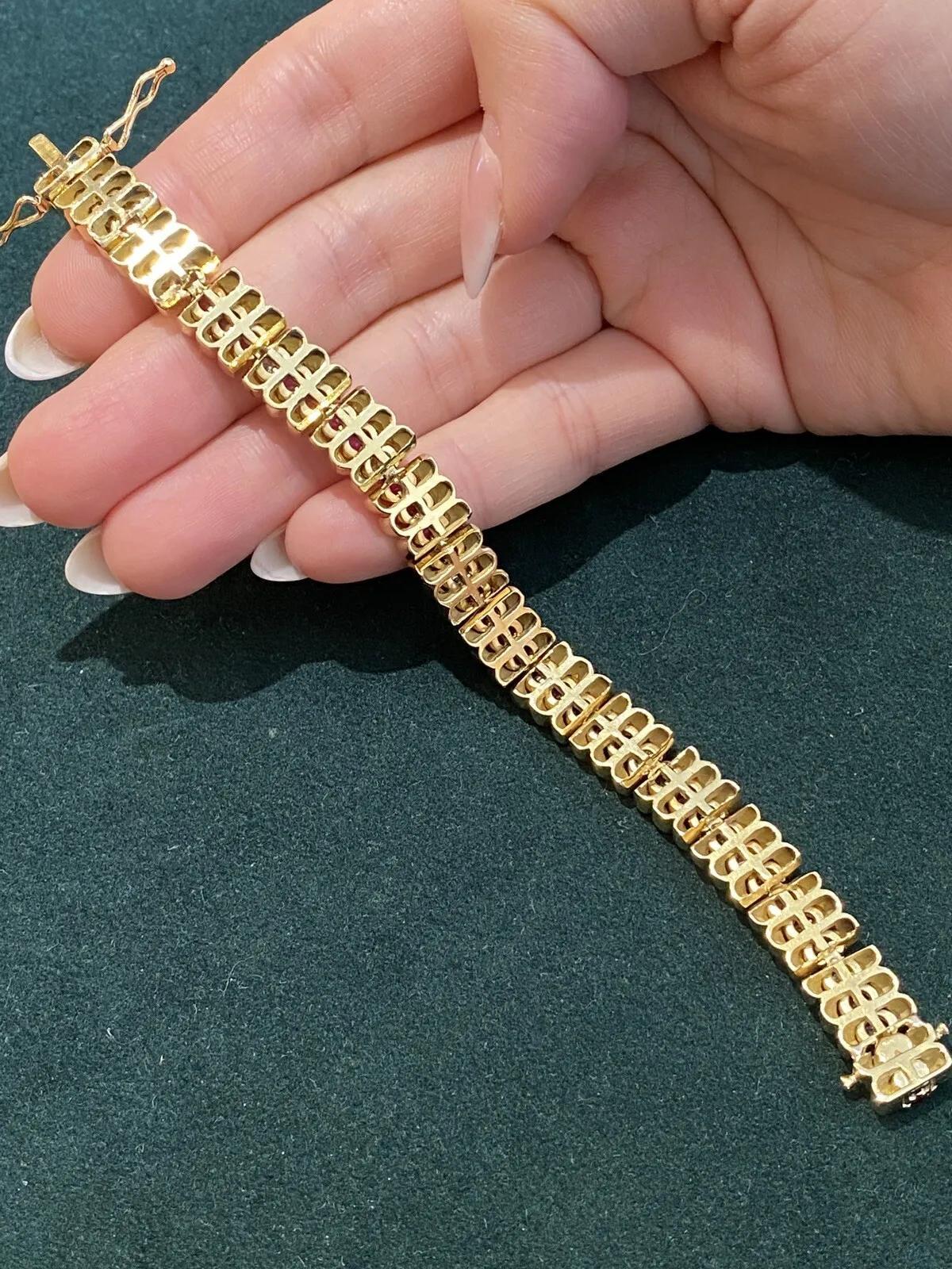 Vintage Ruby and Diamond Line Bracelet in 18k Yellow Gold For Sale 1