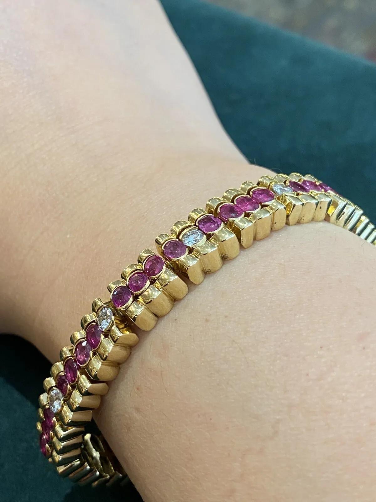 Vintage Ruby and Diamond Line Bracelet in 18k Yellow Gold For Sale 2