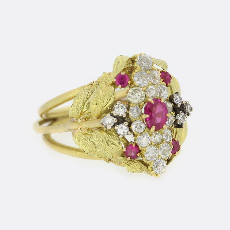 Round Cut Vintage Ruby and Diamond Navette Style Leaf Ring For Sale