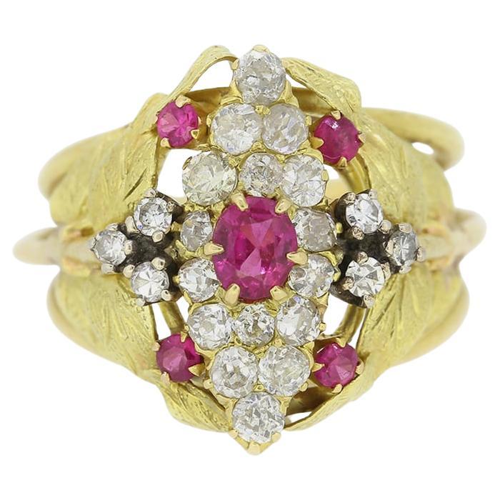 Vintage Ruby and Diamond Navette Style Leaf Ring For Sale