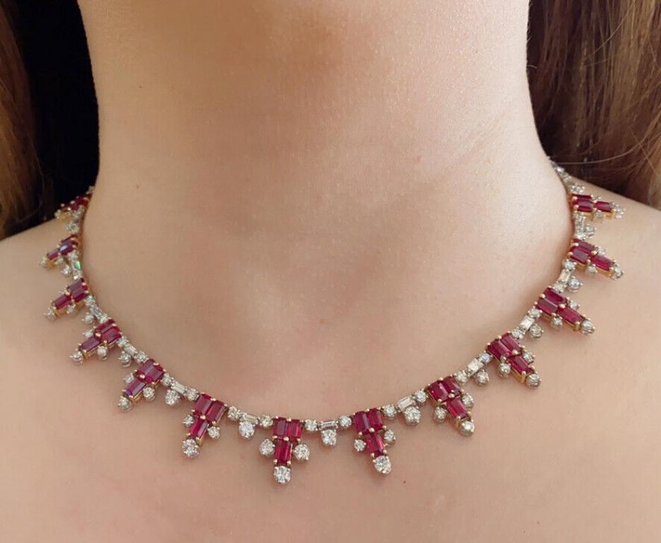 Ruby and Diamond Necklace
in 18k White and Yellow Gold

Features:
39 Baguette shaped Ruby
Total Weight of 11.70 carats

Accented by
30 baguettes
and 115 Round Brilliant cut Diamond
Total Weight of 10.00 carats


Set in 18k White and Yellow