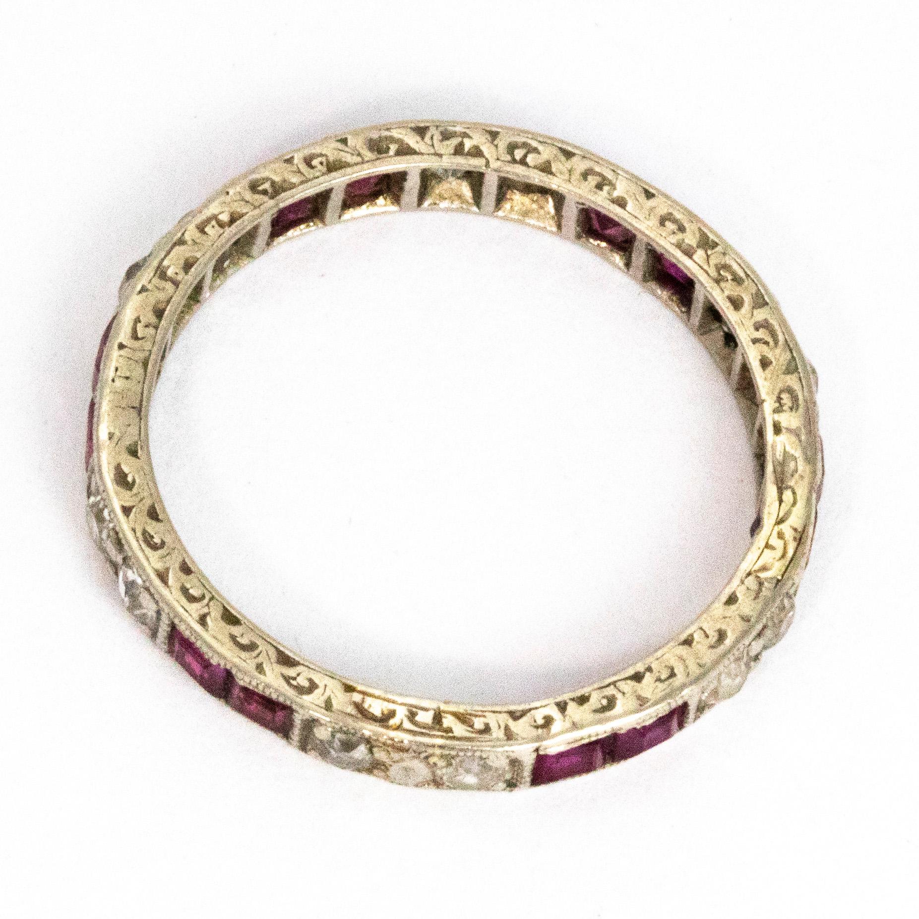 Art Deco Vintage Ruby and Diamond Platinum Eternity Band For Sale