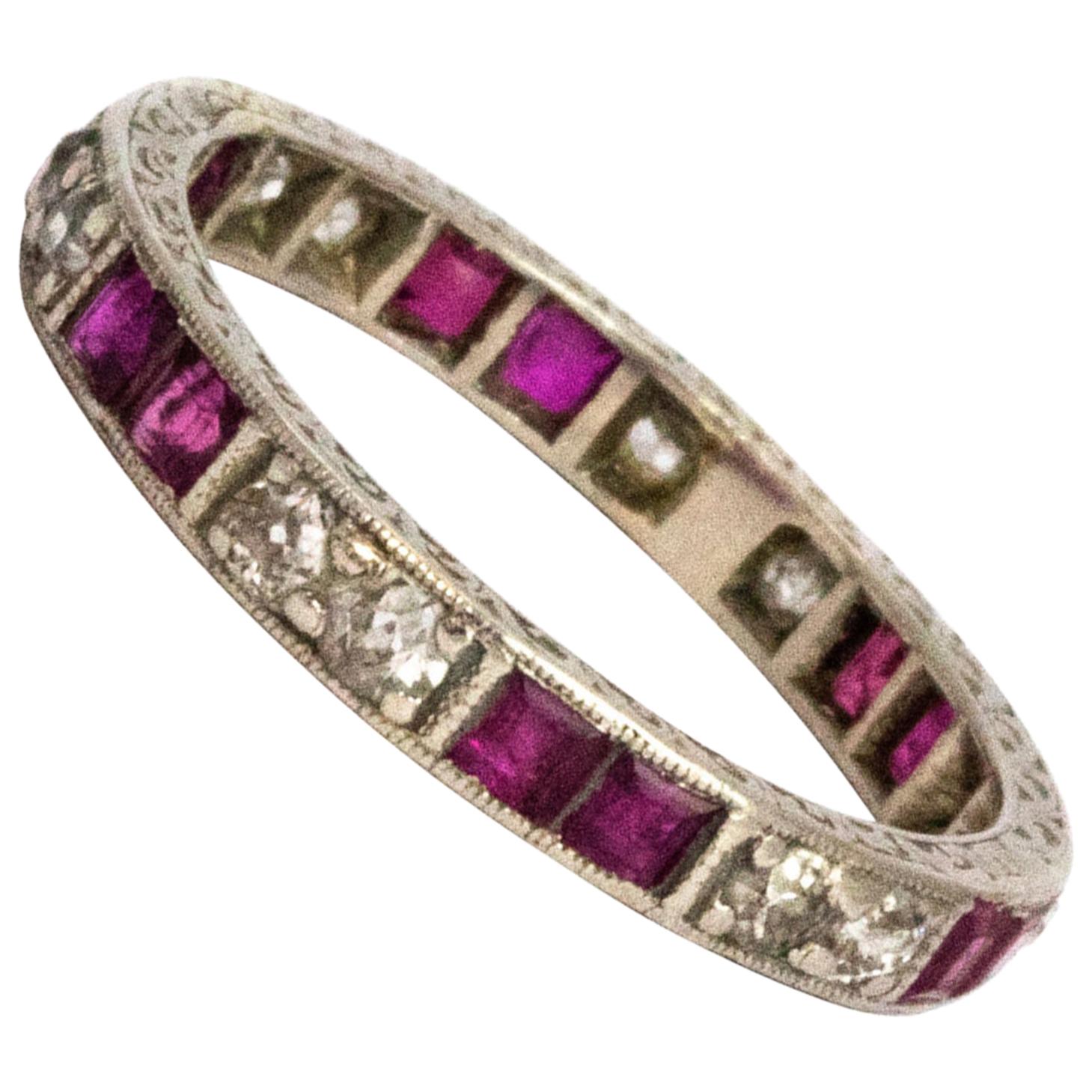 Vintage Ruby and Diamond Platinum Eternity Band For Sale