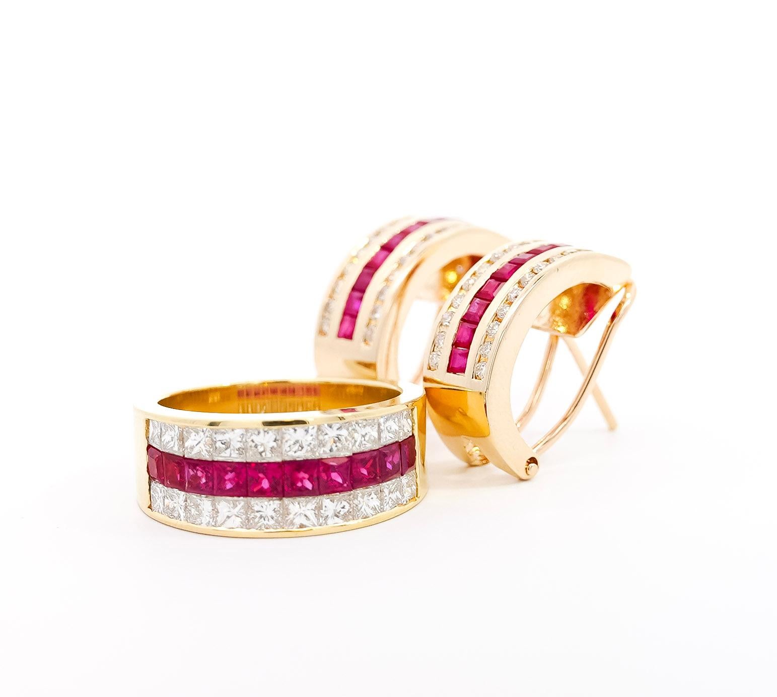 Art Deco Vintage Ruby and Diamond Ring and Earring Channel Set 18K Gold Jewelry Set For Sale