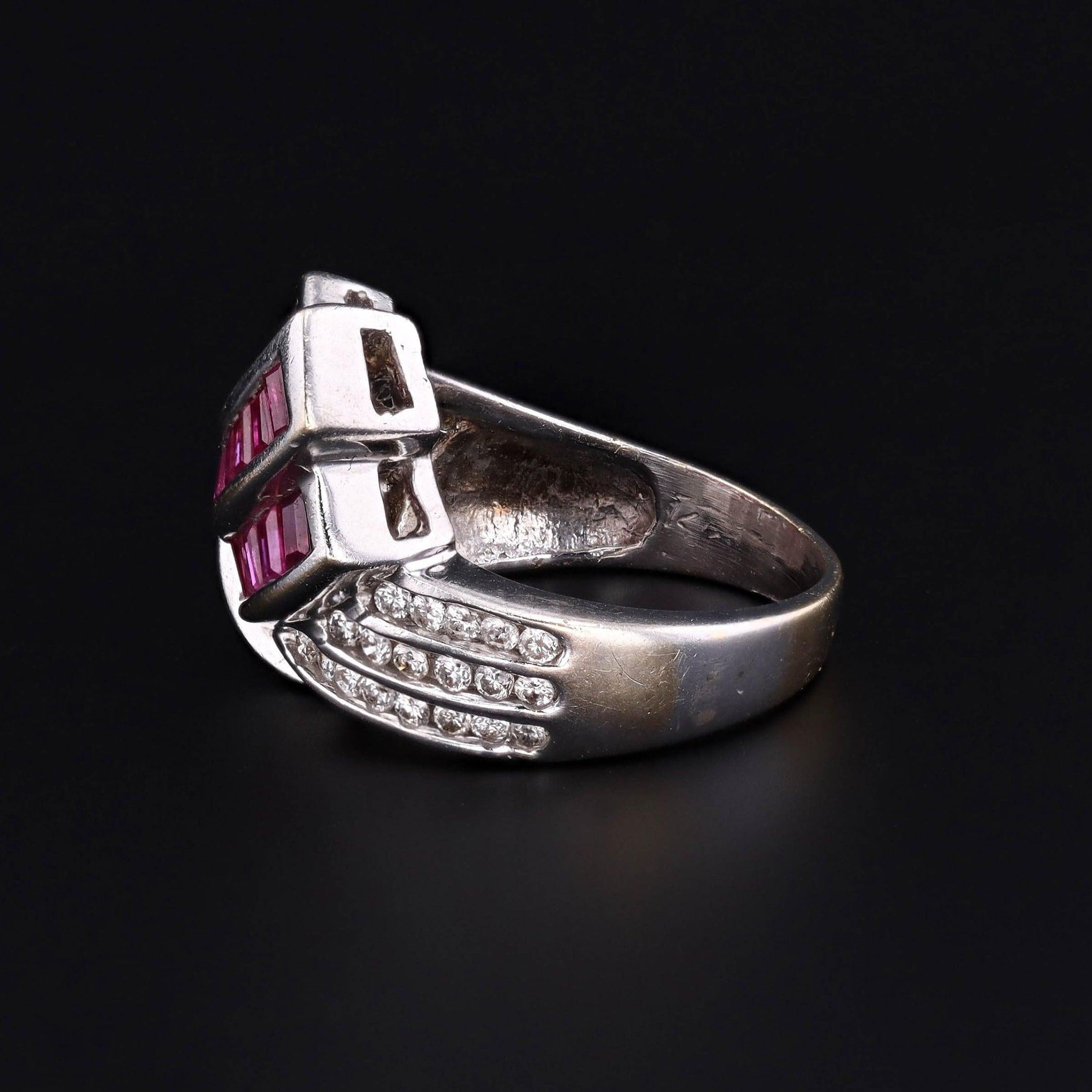 Retro Vintage Ruby and Diamond Ring of 14k White Gold For Sale