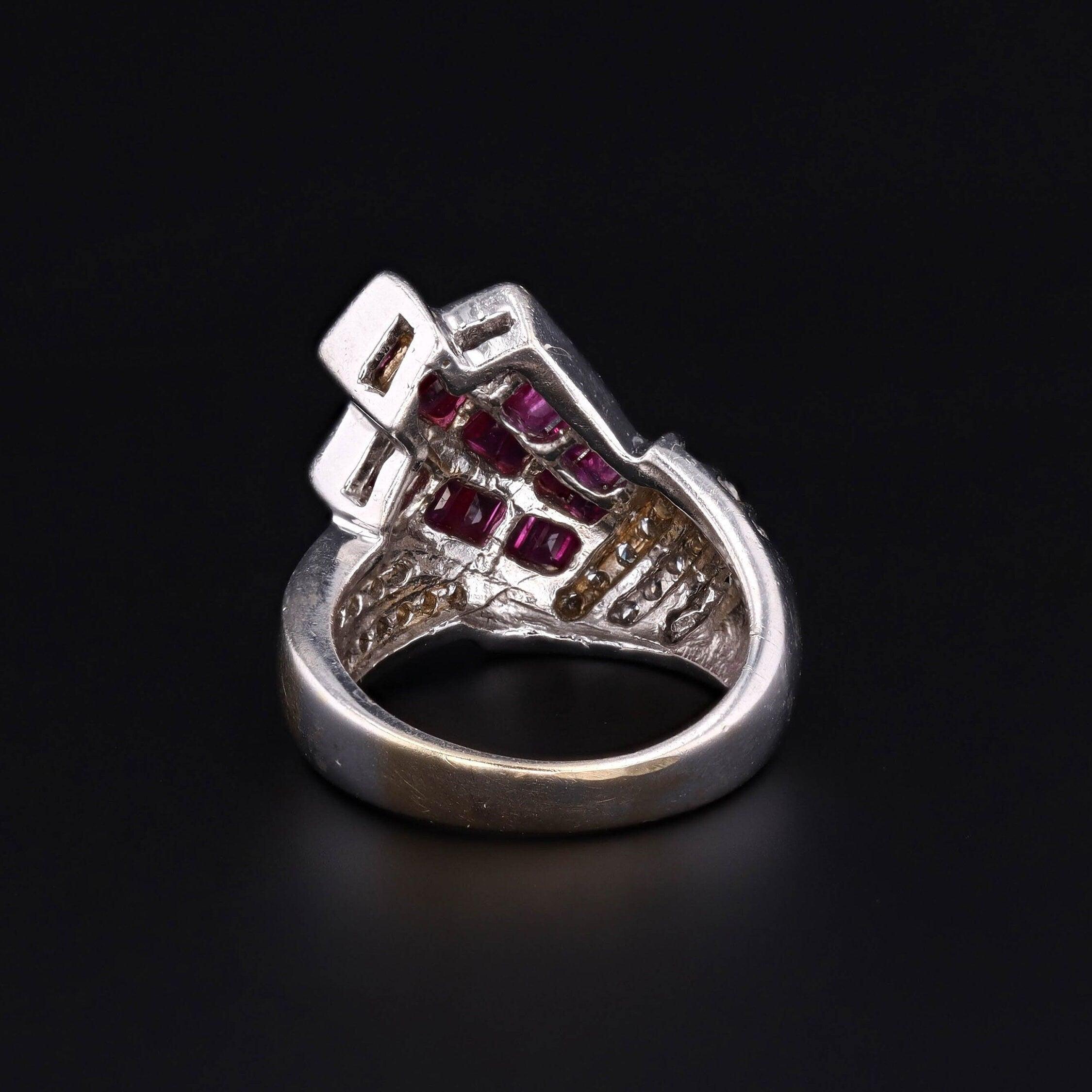 Cushion Cut Vintage Ruby and Diamond Ring of 14k White Gold For Sale