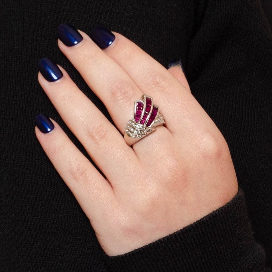 Women's Vintage Ruby and Diamond Ring of 14k White Gold For Sale