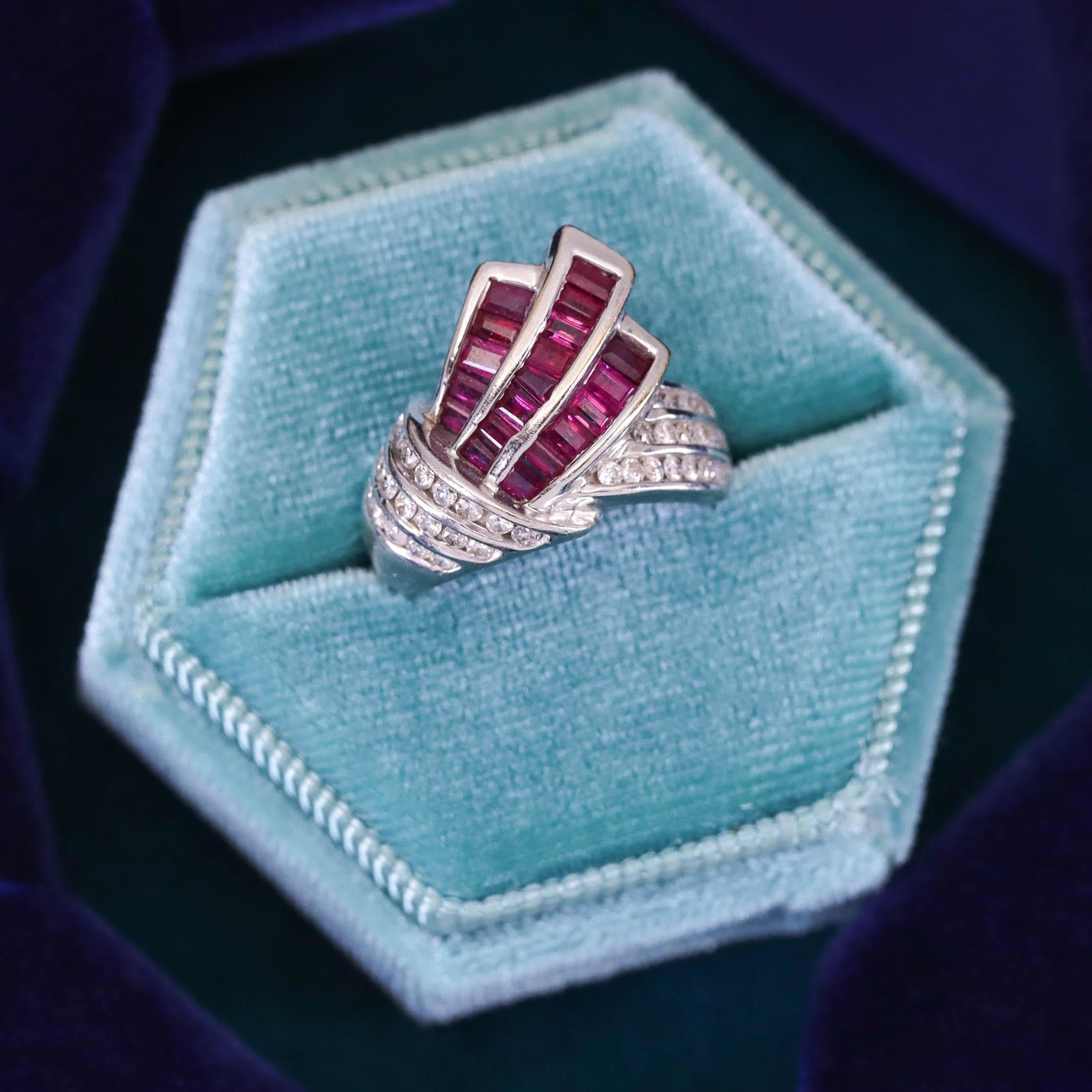 Vintage Ruby and Diamond Ring of 14k White Gold For Sale 1