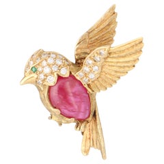 Vintage Rubin und Diamant Kookaburra Brosche in Gelbgold