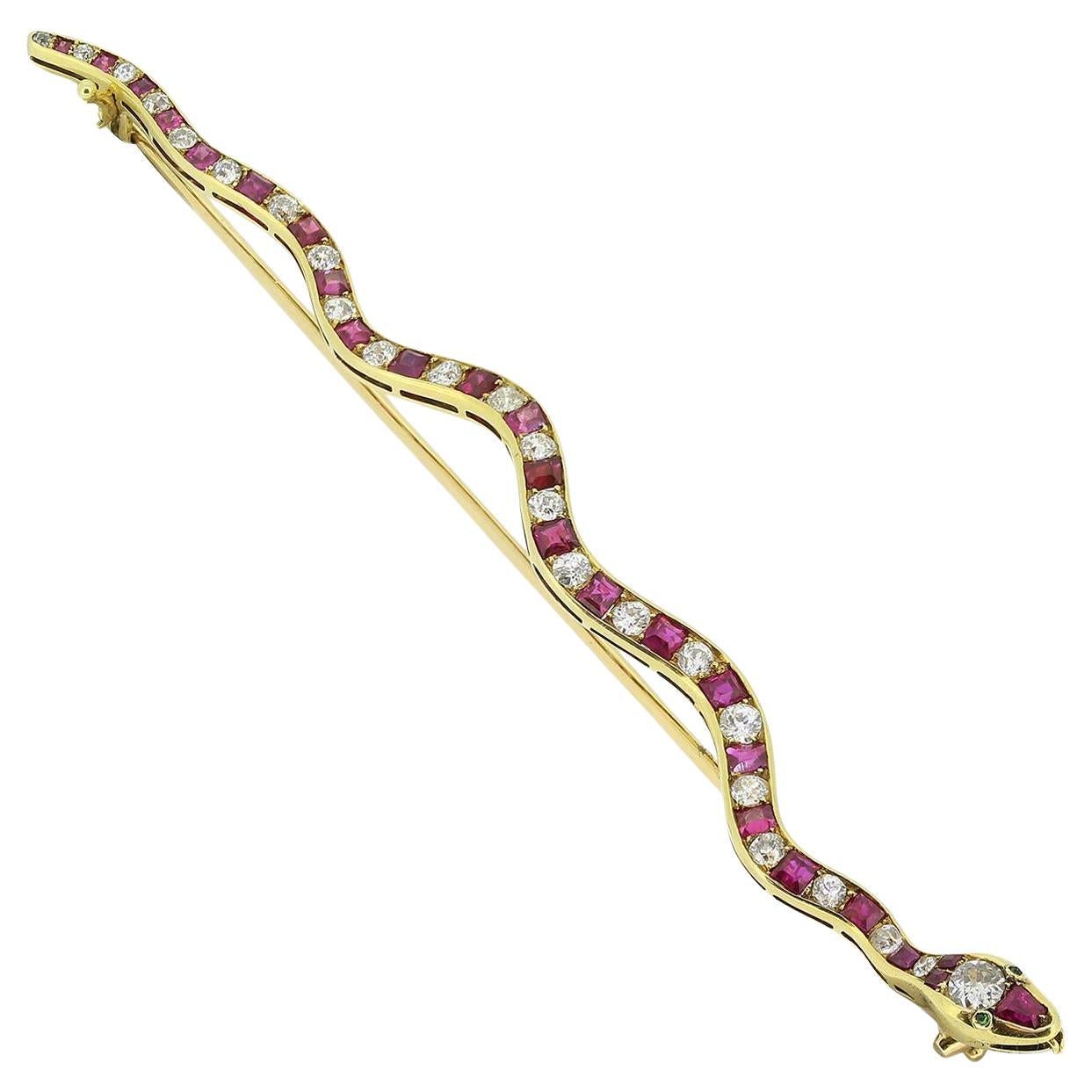 Vintage Ruby and Diamond Snake Brooch