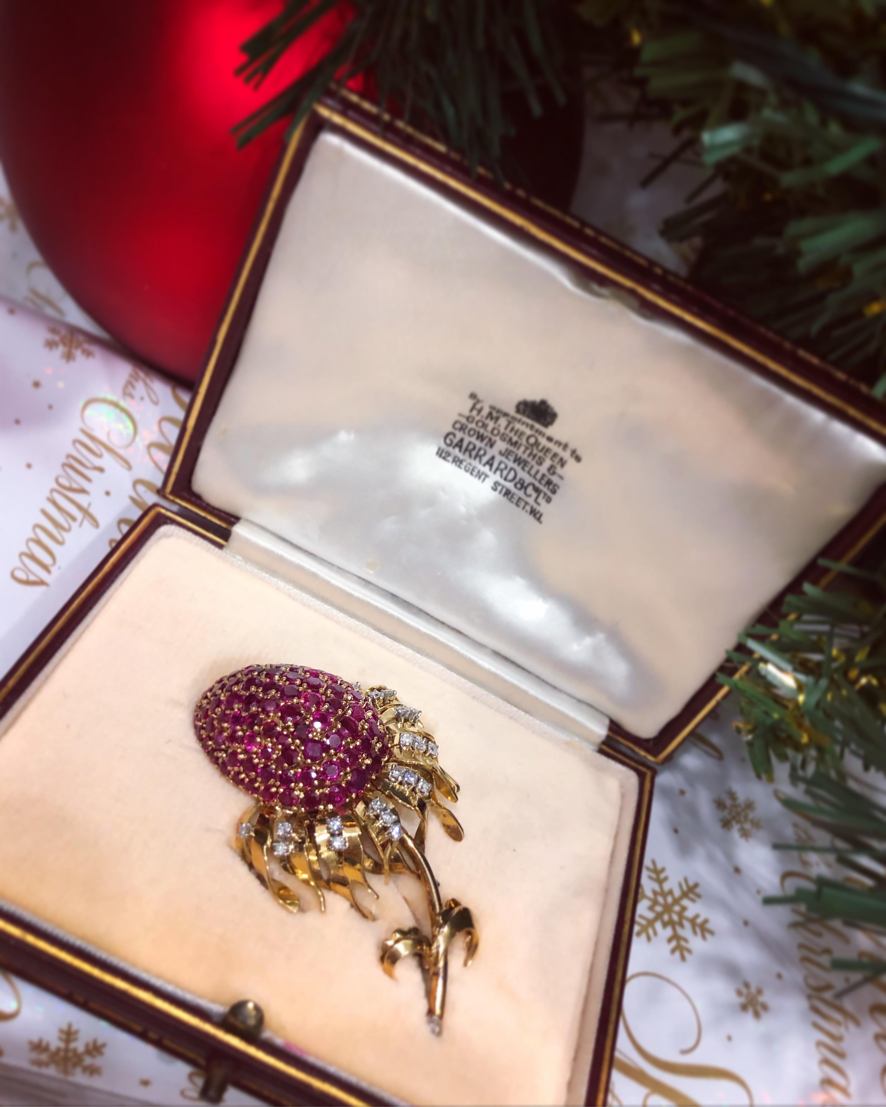 Women's or Men's Vintage Ruby and Diamond Thistle Brooch, circa 1960s For Sale