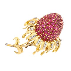 Vintage Ruby and Diamond Thistle Brooch, circa 1960s