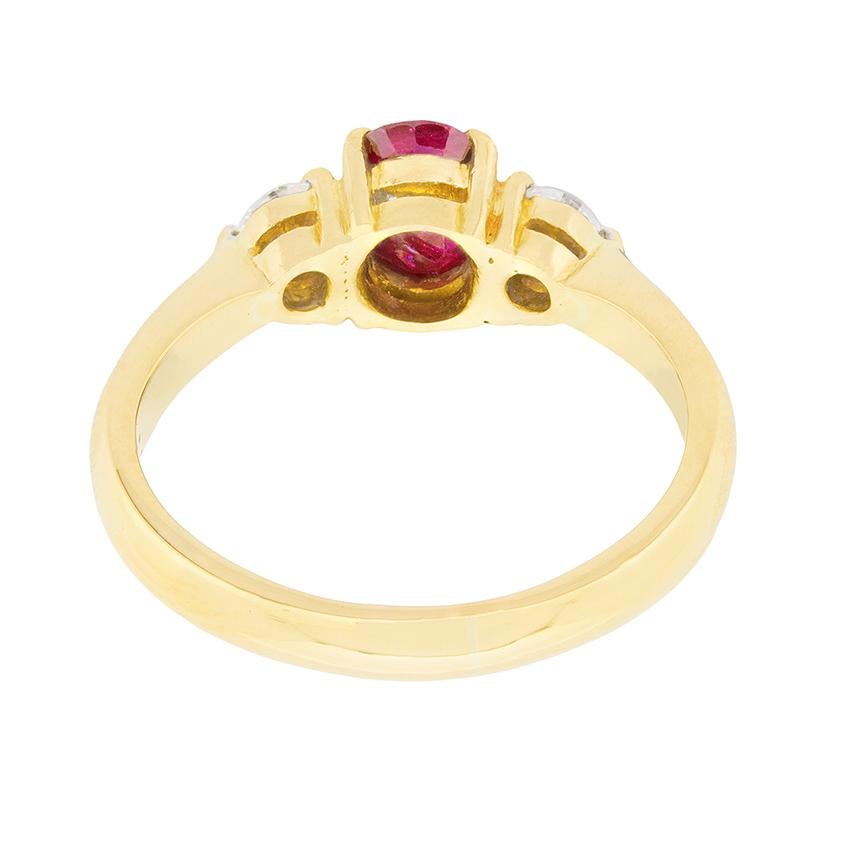 Women's or Men's Vintage Ruby and Diamond Three-Stone Engagement Ring, circa 1970s