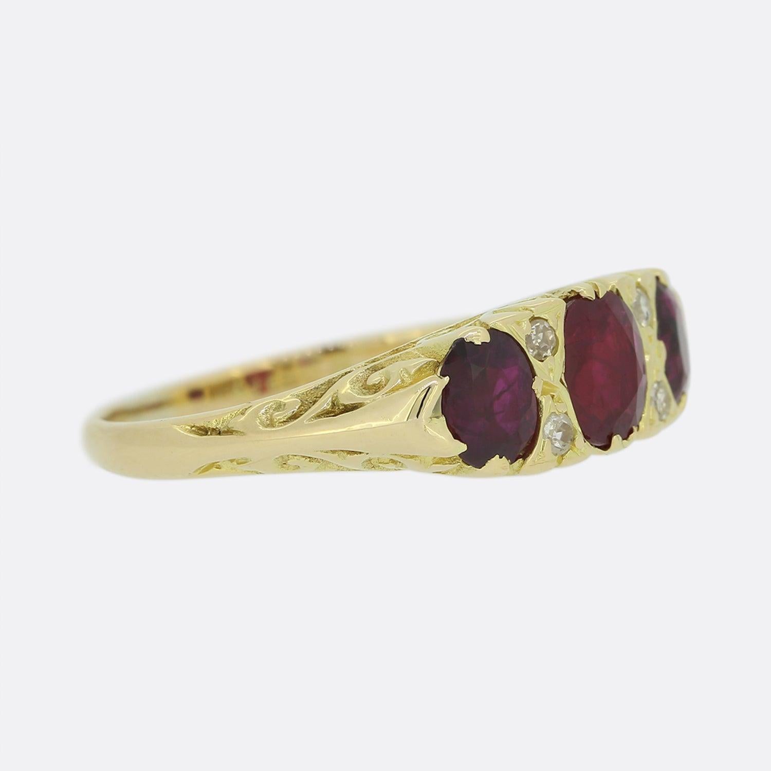 Round Cut Vintage Ruby and Diamond Three Stone Ring For Sale