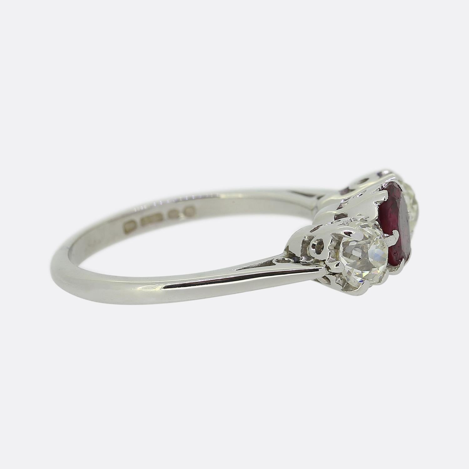 Old Mine Cut Vintage Ruby and Diamond Three-Stone Ring For Sale