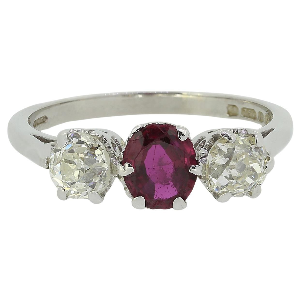 Vintage Ruby and Diamond Three-Stone Ring For Sale