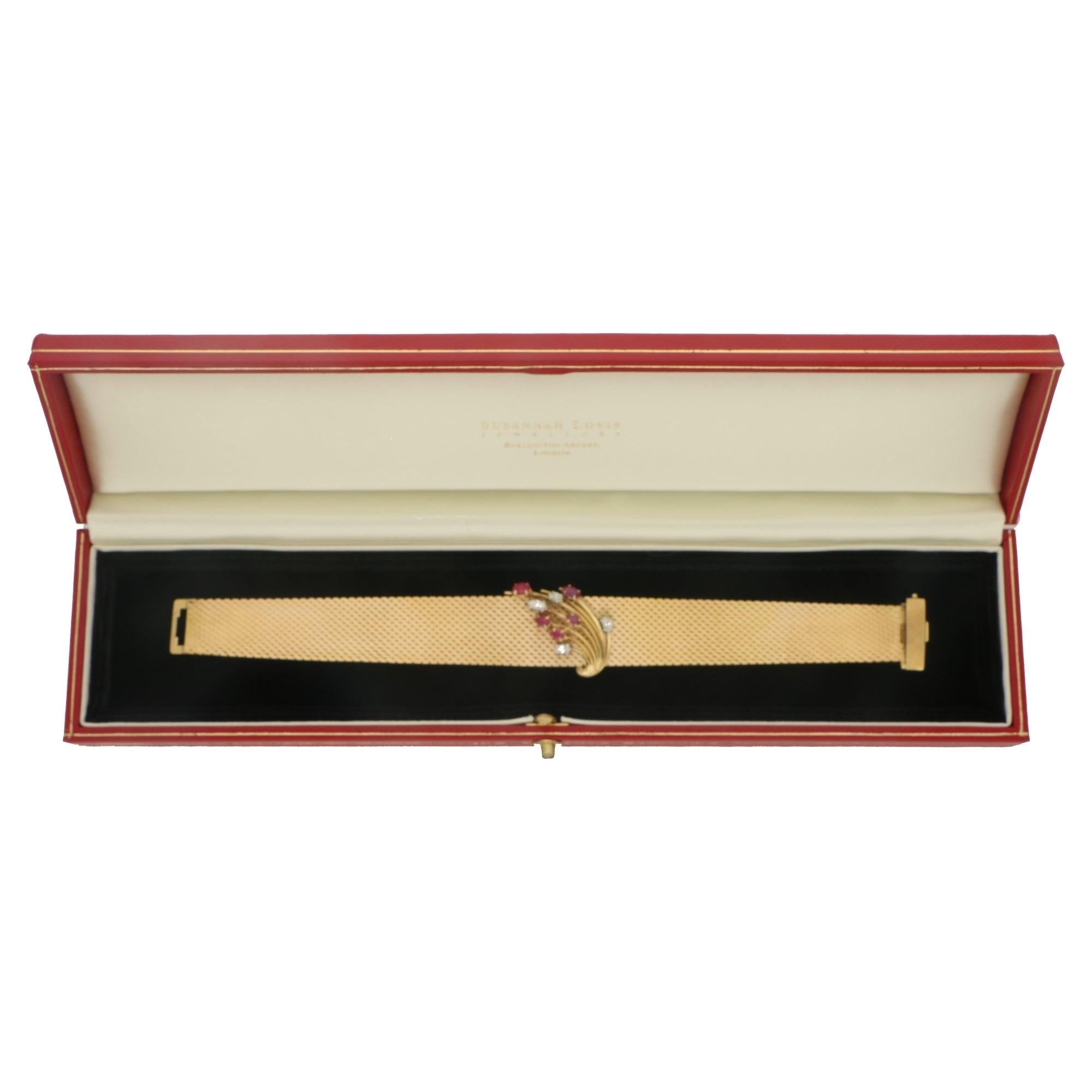 Vintage Ruby and Diamond Woven Bracelet Set in 18k Yellow Gold In Good Condition In London, GB