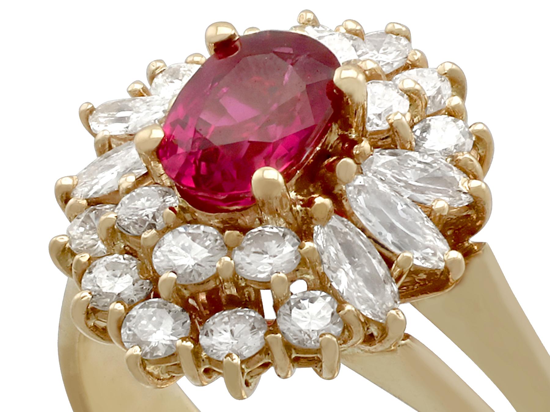 A fine and impressive vintage 0.92 carat natural ruby and 0.65 carat diamond, 14 karat yellow gold cluster ring; part of our vintage jewelry and estate jewelry collections.

This impressive vintage ruby cluster ring has been crafted in 14k yellow