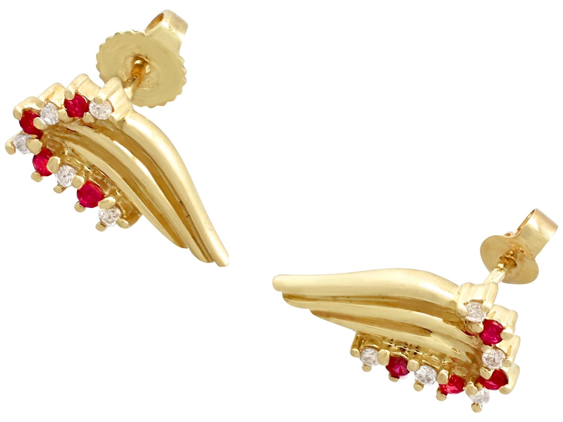 Round Cut Vintage Ruby and Diamond Yellow Gold Stud Earrings