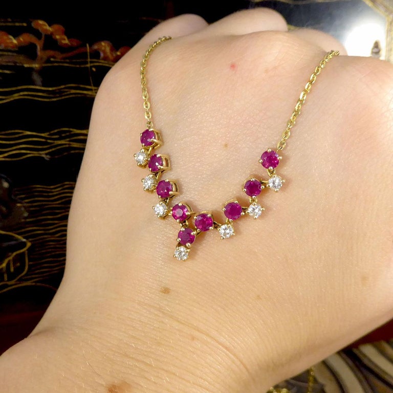 Vintage Ruby and Diamond Zig Zag Style Chain Necklace in 14ct Yellow