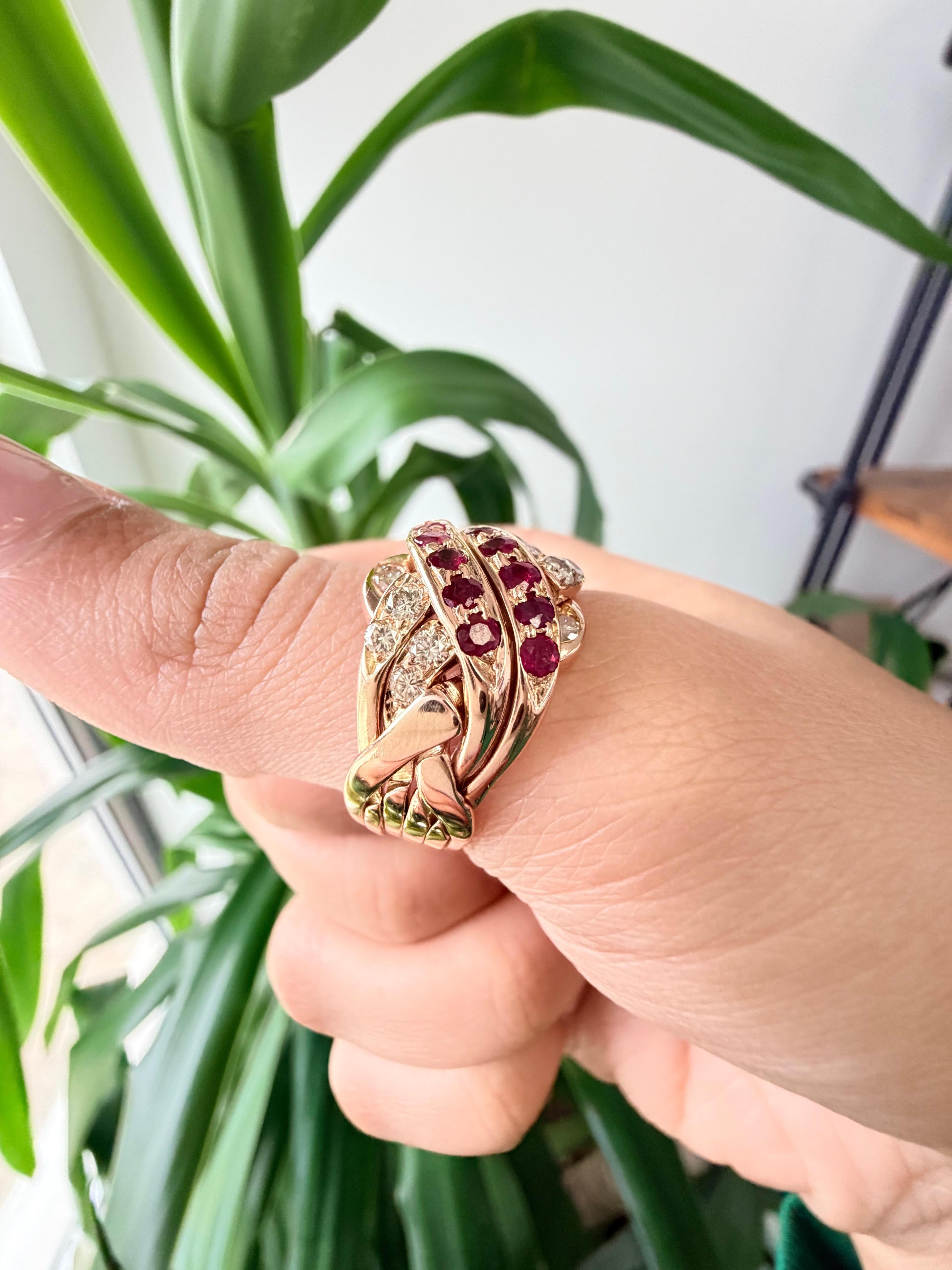 da uomo o donna Anello Puzzle con rubini e diamanti d'epoca in oro rosa 14k in vendita