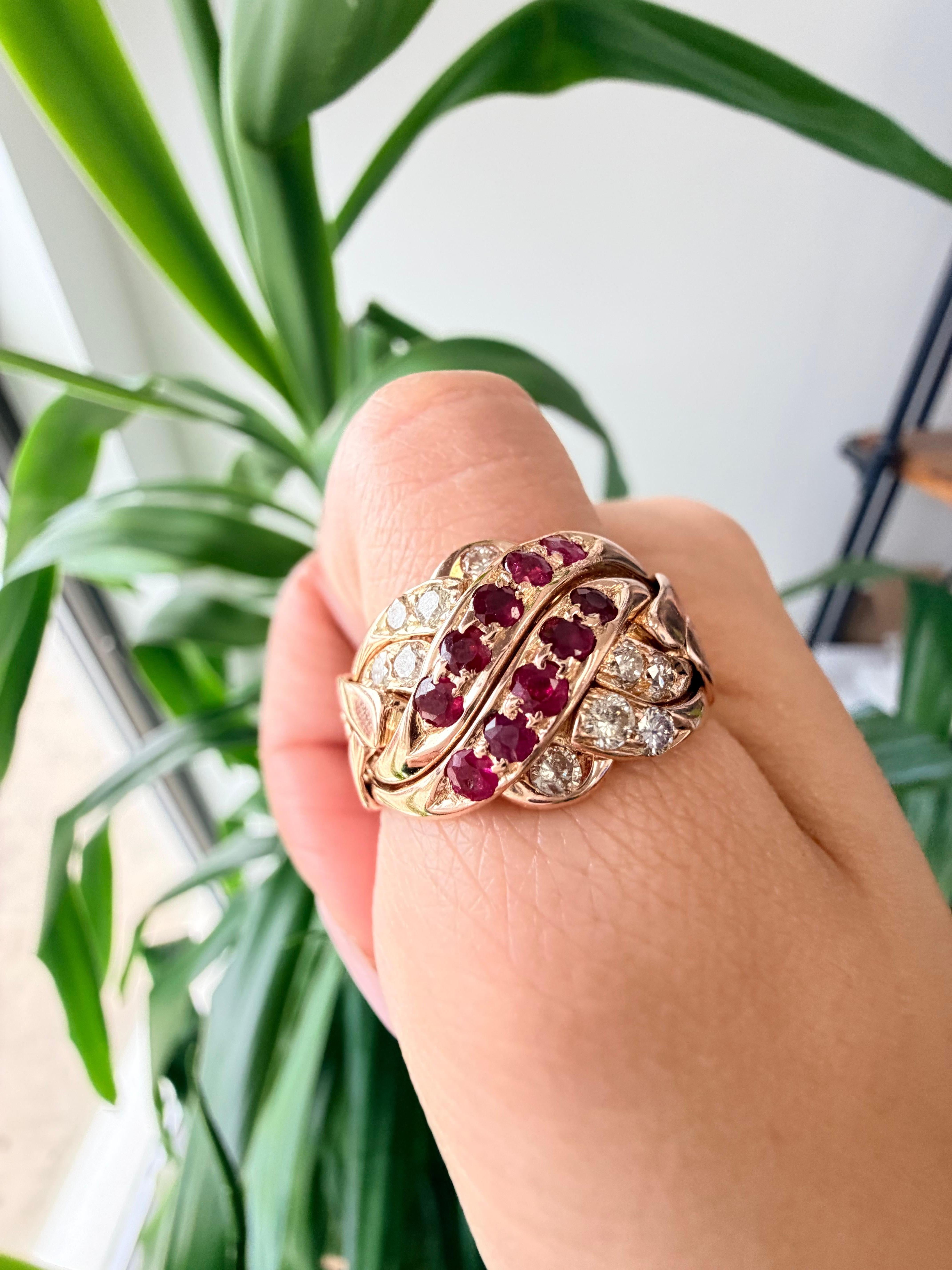 Anello Puzzle con rubini e diamanti d'epoca in oro rosa 14k in vendita 1