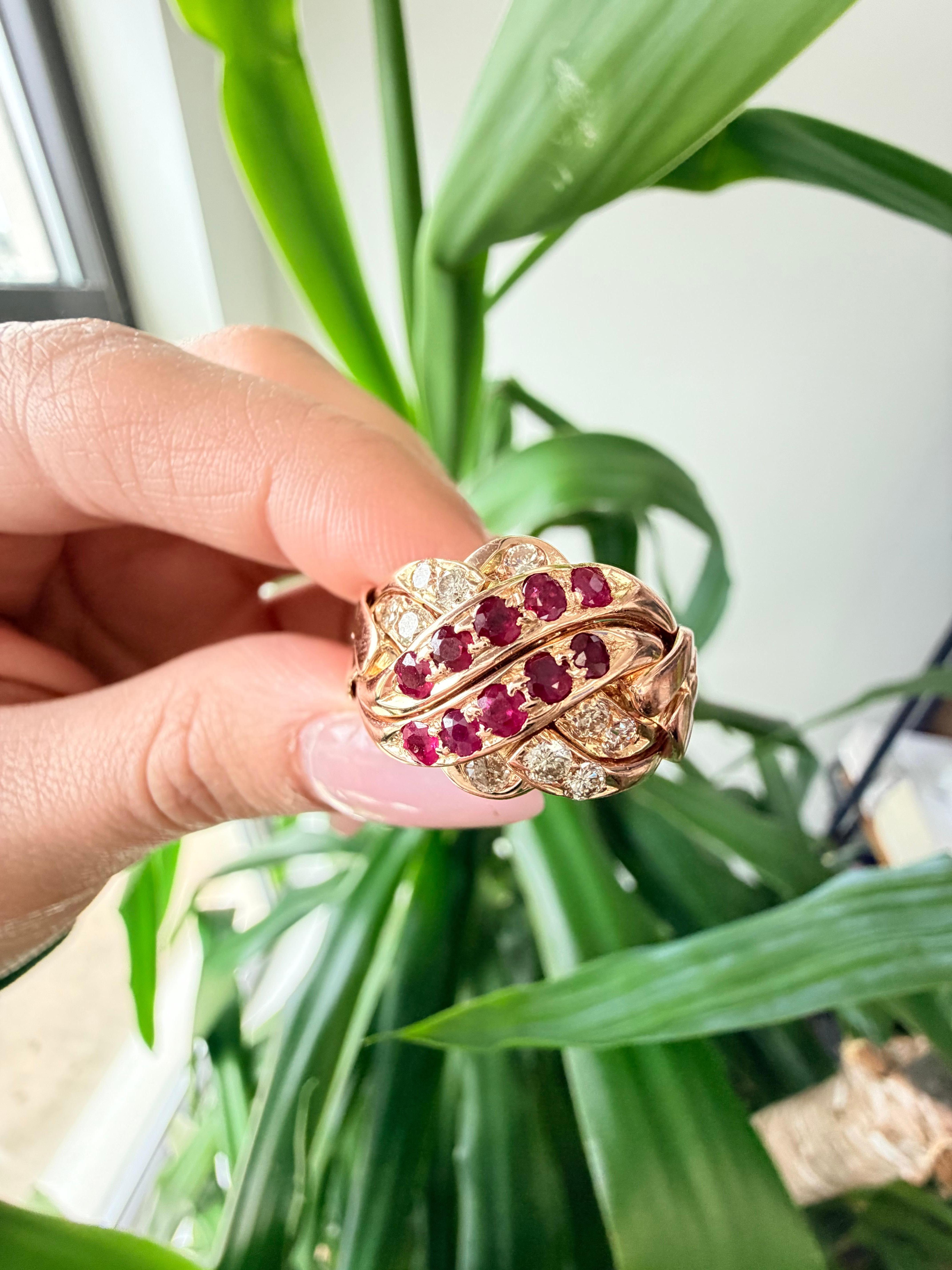 Anello Puzzle con rubini e diamanti d'epoca in oro rosa 14k in vendita 2