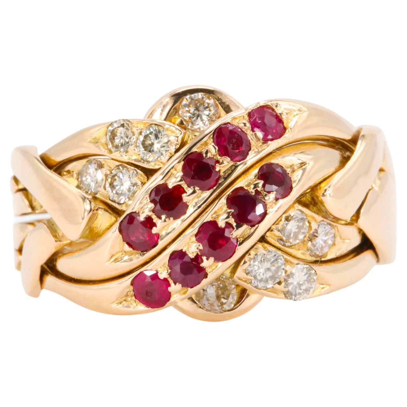 Anello Puzzle con rubini e diamanti d'epoca in oro rosa 14k