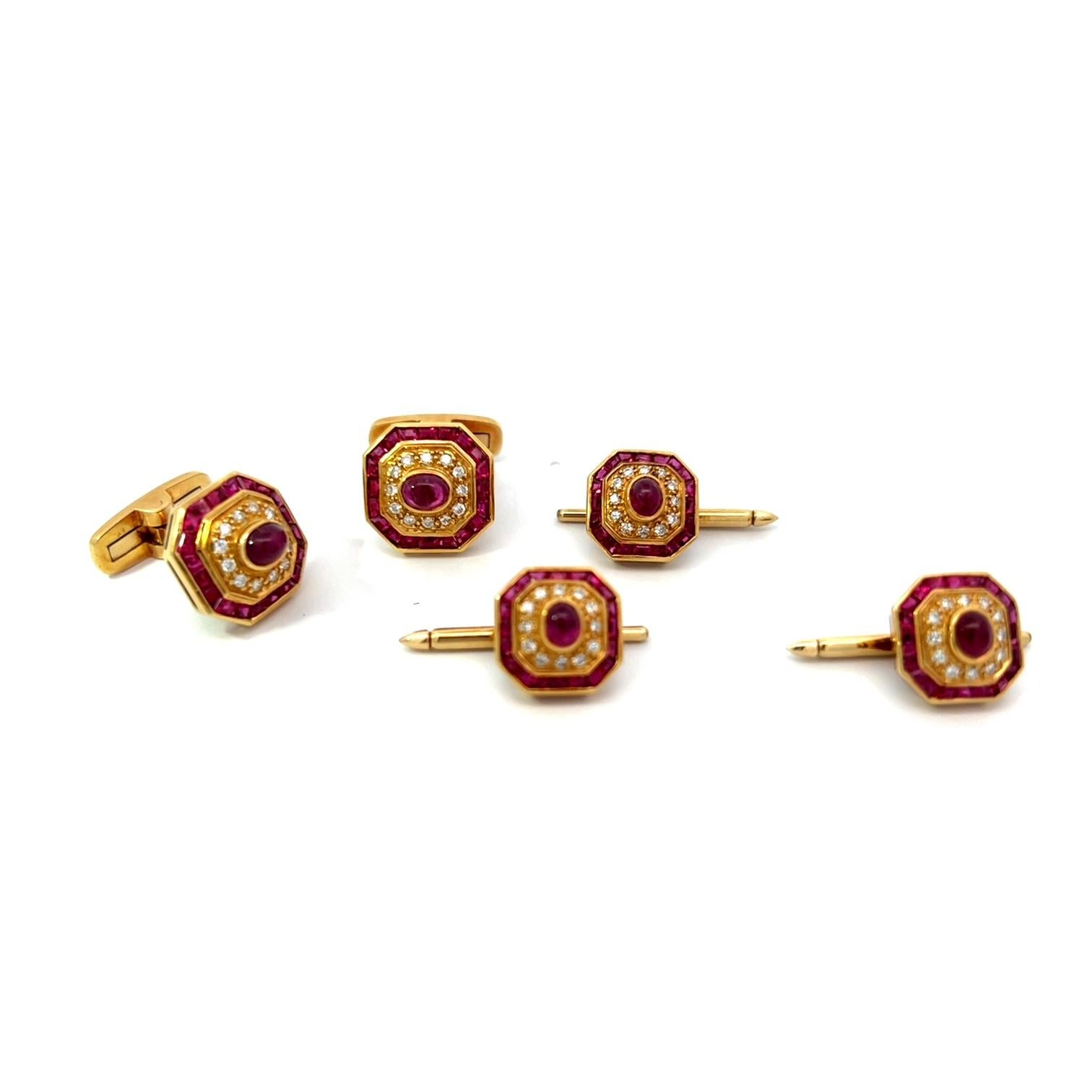 Women's or Men's Vintage Ruby and Diamonds Cufflinks and Shirt Stud Set For Sale