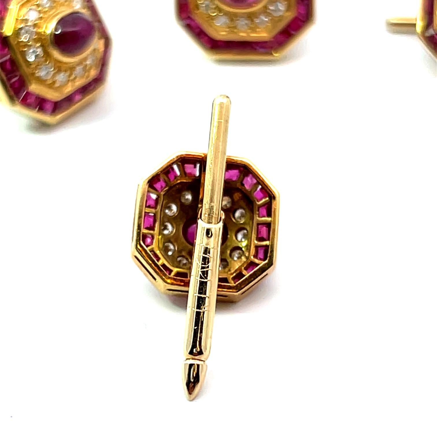 Vintage Ruby and Diamonds Cufflinks and Shirt Stud Set For Sale 1