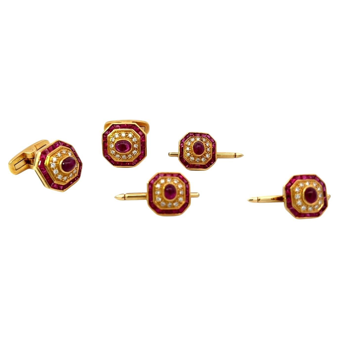 Vintage Rubin und Diamanten Manschettenknöpfe und Shirt Stud Set