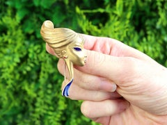 Vintage Ruby Enamel Ladies Face Brooch in 18k Yellow Gold