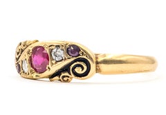Vintage Ruby and Mine Cut Diamond Scroll Ring in 18k Yellow Gold