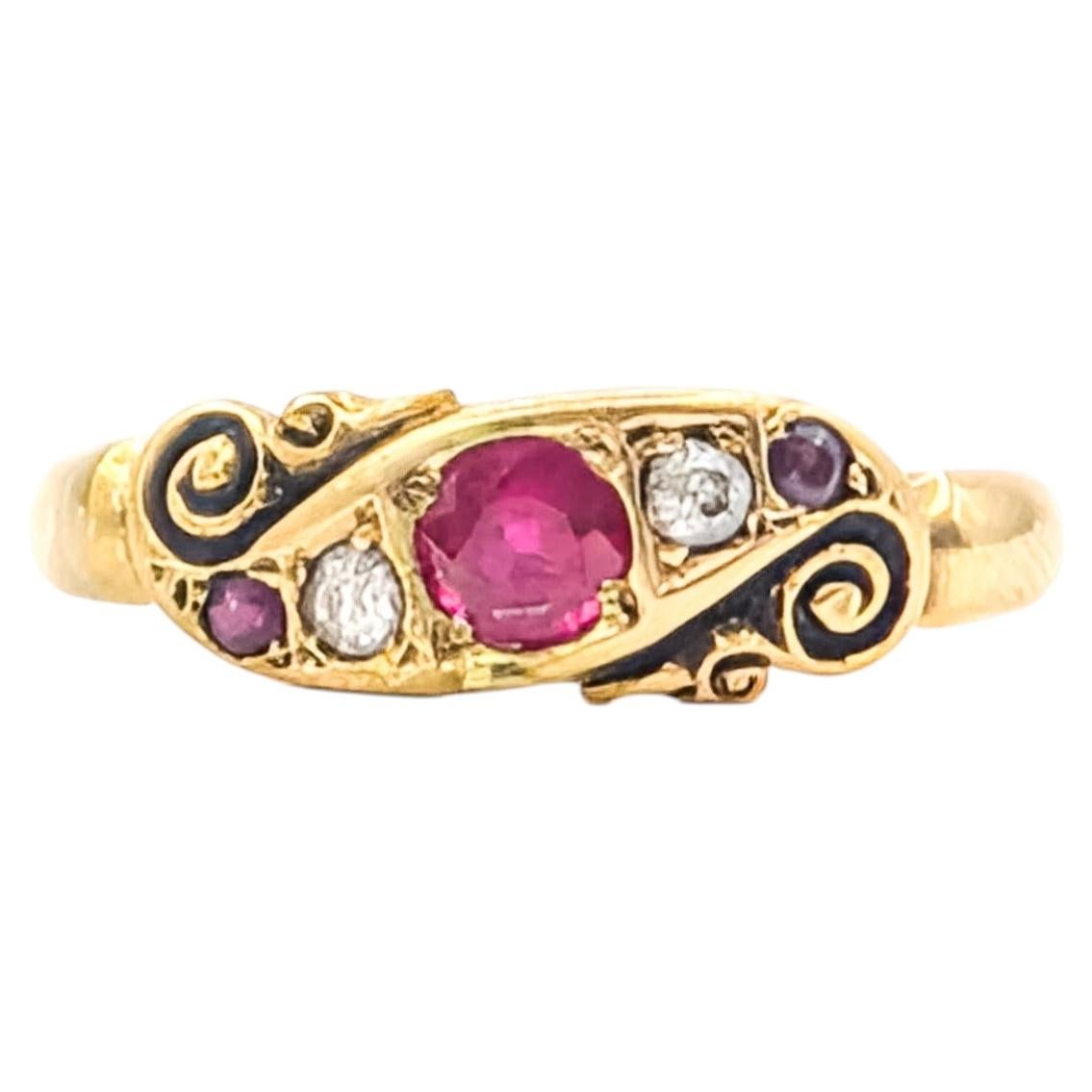 Vintage Ruby and Mine Cut Diamond Scroll Ring in 18k Yellow Gold